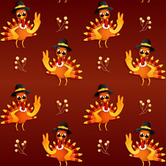 Funny Turkey Bird With Berries Pattern On Brown Background.