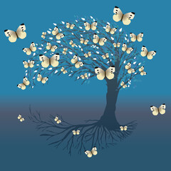 A blue tree of life or yggdrasil  with small white butterflies.  The tree is in blue tints. The background is a blue gradient and has a twilight feeling