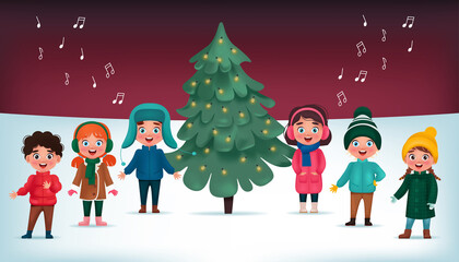 Fototapeta premium Сhildren singing Christmas carol song near Christmas tree. Merry Christmas and Happy New Year greeting card or banner. Cartoon vector illustration