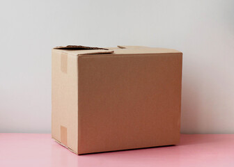 A closed cardboard box stands on a white background. The concept of parcel and delivery