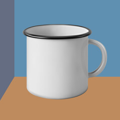 Metal enamel mug. Good old times. Mock up, template, blank. Vector illustration with isolated chromatic background. 3d-render