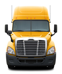 Yellow modern American truck with black plastic bumper. Front view isolated on white background.