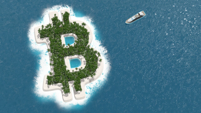 Paradis fiscal, financier ou &eacute;vasion des fortunes sur un &icirc;le en forme de Bitcoin. Rendu 3D
