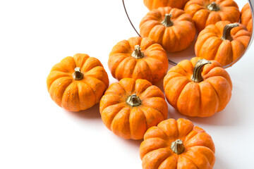 Orange decorative pumpkins with reflection in round mirror. Autumn and Halloween stylish home decor.