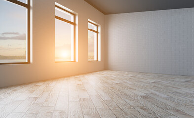 Open space office interior with like conference room. Mockup. 3D rendering.. Sunset