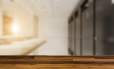 Background with empty table. Flooring. Clean public toilet room empty with wooden partition. 3D renderi