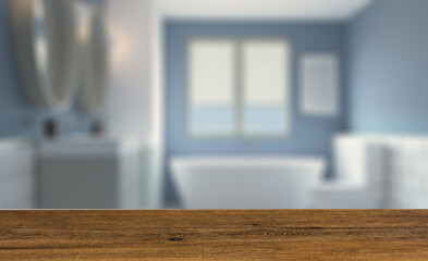 Background with empty table. Flooring. Modern bathroom including bath and sink. 3D rendering.. Blank pa