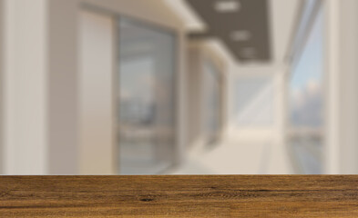 Background with empty table. Flooring. Modern meeting room. 3D rendering.. Mockup.   Empty paintings