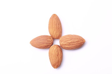 Closeup of almonds. Nuts isolated on white background. Full depth of field