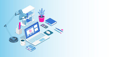 Learning online at home. Isometric composition with laptop and books. E-learning banner. Web courses or tutorials concept. Distance education flat illustration.
 - obrazy, fototapety, plakaty