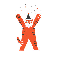 Vector isolated illustration for Christmas Decoration. Symbol of Chinese New Year 2022 - Year of the Tiger. Logo for winter sale. Korean tiger has Santa Claus hat and beard and makes confetti firework