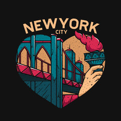 Tshirt Design New york bridge iconic city with love liberty hand illustration concept. eps vector file easy to edit