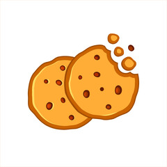 Two chocolate chip cookies icon of chocolate cake on white background. Flat cookie icon vector illustration. Bitten cookies silhouette or logo. Round yellow and browne biscuit symbol isolated on white