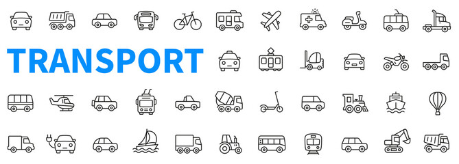 Transport and vehicle icons set. Contains such icons as auto, bike, scooter, bulldozer, bus, cable, car, helicopter and more. Outline web icon collection. Line style - stock vector. - obrazy, fototapety, plakaty