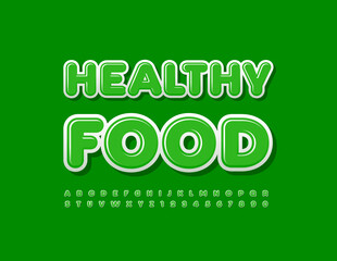 Vector bright Logo HealthyFood. Green Glossy Font. Modern Alphabet Letters and Numbers