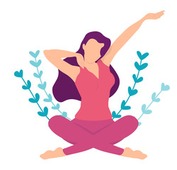 Young woman sitting at lotus pose taking rest and stretching herself. Concept illustration for yoga, meditation, relax, recreation, healthy lifestyle. Vector illustration in flat cartoon style.