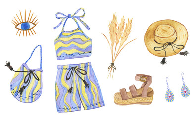 PBoho outfit. Watercolor illustration of summer Boho clothes and accessories.