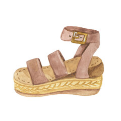 Boho style sandals watercolor illustration. Summer shoes.