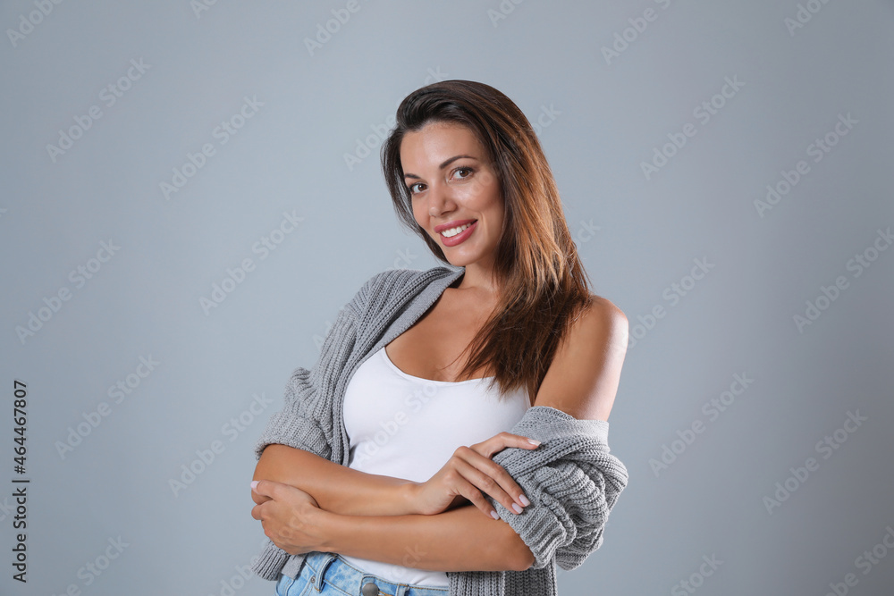 Sticker Portrait of beautiful woman on light grey background