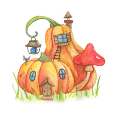 House of pumpkins. Magic Fairy House. Watercolor illustration.