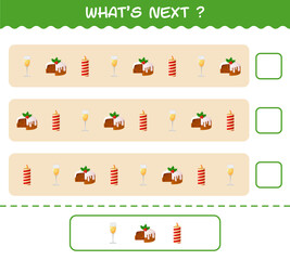 What's comes next educational game of cartoon christmas. Find the regularity and continue the row task. Educational game for pre shool years kids and toddlers