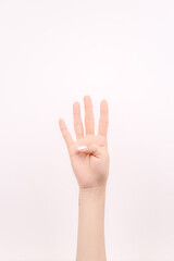 hand showing number four In front of the white background