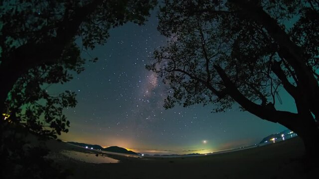 4k timelapse video footage ,sunset to Starry night timelapse. Milky way galaxy stars moving over the thongkrut  beach of Koh Samui ,Suratthani ,thailand