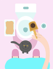 Morning routine. Cleaning the cat. Toilet. Vector funny illustration.