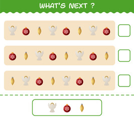 What's comes next educational game of cartoon christmas. Find the regularity and continue the row task. Educational game for pre shool years kids and toddlers