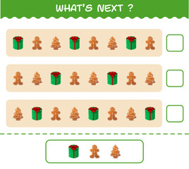 What's comes next educational game of cartoon christmas. Find the regularity and continue the row task. Educational game for pre shool years kids and toddlers