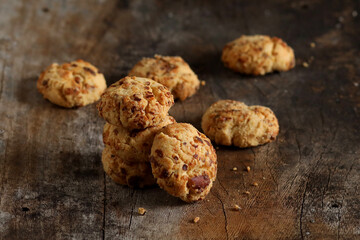 Chocolate cookies on wooden table.