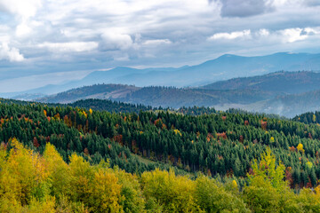 Ukrainian Carpathian hills, autumn daytime landscape