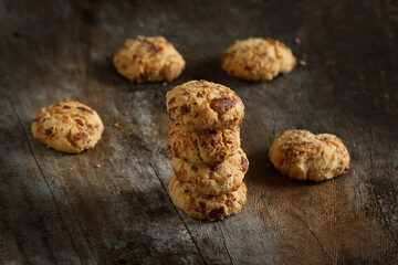 Chocolate cookies on wooden table.