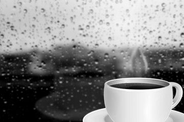 hot black coffee in white mug gray wet background / raindrops overlaid on window, weather, raindrop background on transparent glass
