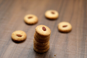 Chocolate cookies on wooden table.