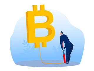 A businessman is pumping bitcoin for growth finance currency vector illustrator. Vector illustration flat design