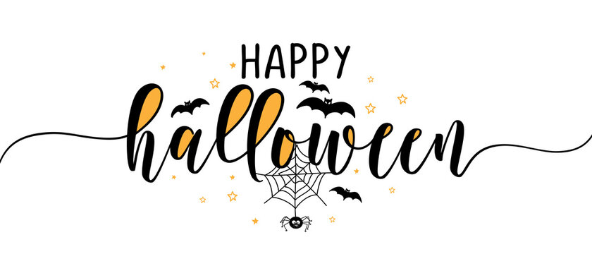 Happy Halloween - halloween quote on white background with a cute hanging spider and jack o lantern pumpkin.  Good for t-shirt, mug, banner, gift, printing press. Holiday quote, Sales promotion.