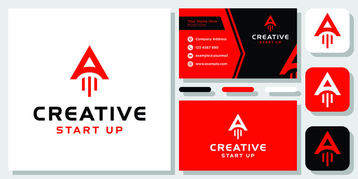 Start Up Arrow Direction Success Growth Red logo design inspiration with Template Business Card
