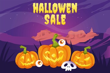 Halloween Pumpkin sale 50 percent off discount concept. Banner and background vector illustration