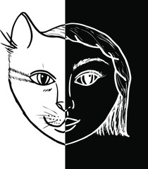 Portrait sketch of a cat woman. Half face of woman half face of cat.