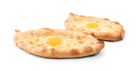 Fresh delicious Adjarian khachapuris on white background
