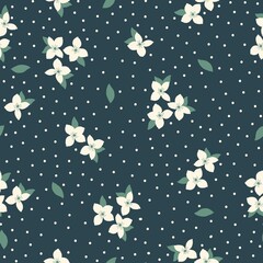 Seamless vintage pattern abstract. dark blue background. white flowers and dots.  vector texture. fashionable print for textiles and wallpaper.