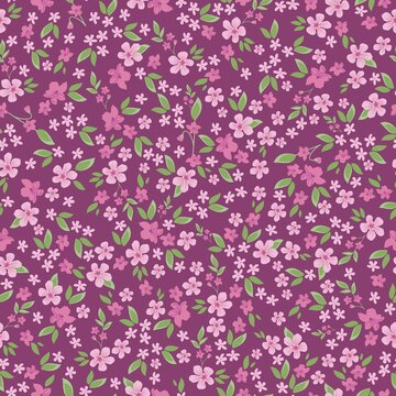 Seamless vintage pattern . wonderful pink flowers and green leaves on a burgundy background. vector texture. trend print for textiles and wallpaper.