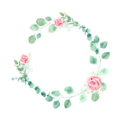 Watercolor botanical wreath with eucalyptus and gentle pink roses. Isolated floral hand drawn round frame with trendy greenery and delicate flowers for prints, textile and wedding.