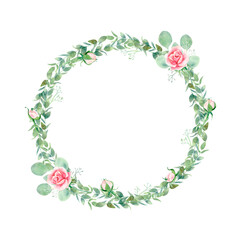 Watercolor floral wreath with eucalyptus and light pink roses. Isolated botanical hand drawn round frame with trendy greenery and delicate flowers for prints, textile and wedding.