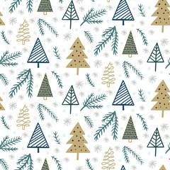 Obraz premium Cute winter season holiday childish seamless pattern with Scandinavian minimalist hand drawn Christmas tree doodle, fine tree branch, snowflakes. Beautiful New Year children background design, textile