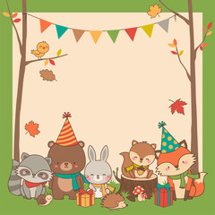 Obraz na płótnie Canvas Cute woodland animals cartoon vector with copy space for card design template, party concept illustration for kids.