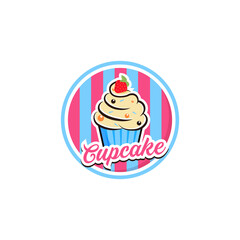 Cupcake Logo Vector Pink Bakery Illustration, Pastry Icon Design Inspiration Sweet Food Sticker Idea
