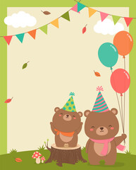 Cute mother and baby bears cartoon illustration with copy space for card design template.