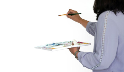 Young woman start drawing a white board in watercolor painting art classes